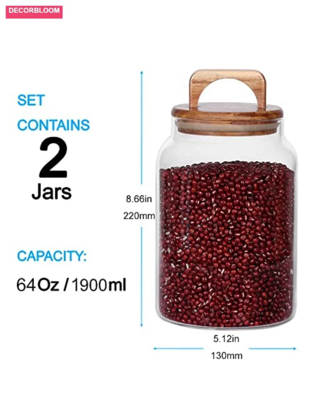 2-Piece Glass Canister Set with Airtight Acacia Lids, Tall Food Storage Jars